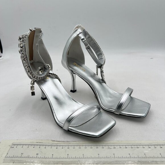 Wansseny Silver Gorgeous Rhinestone Ankle Strap Open Square Toe Back Zip Sandals - Picture 5 of 9